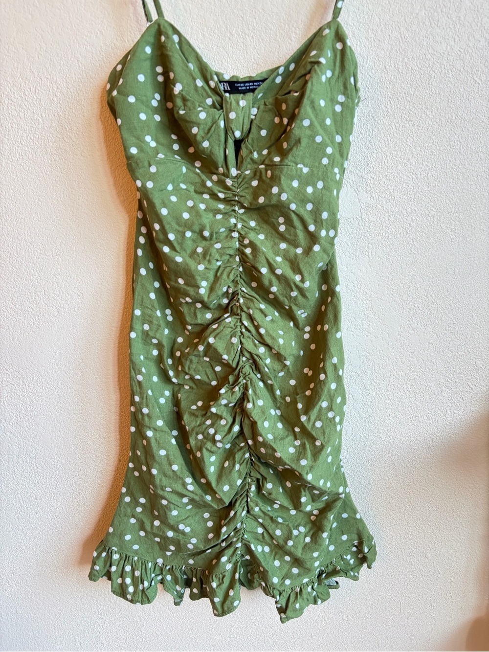 Zara Green White Linen Polka Dot Ruched Mini Dress Ruffle Hem Cottagecore Y2K - Picture 3 of 9